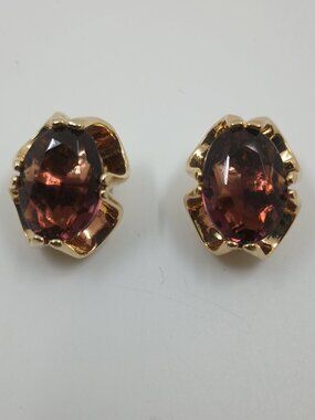 Vintage Purple Amethyst Open Back Ruffled Setting Gold Tone Clip Earrings